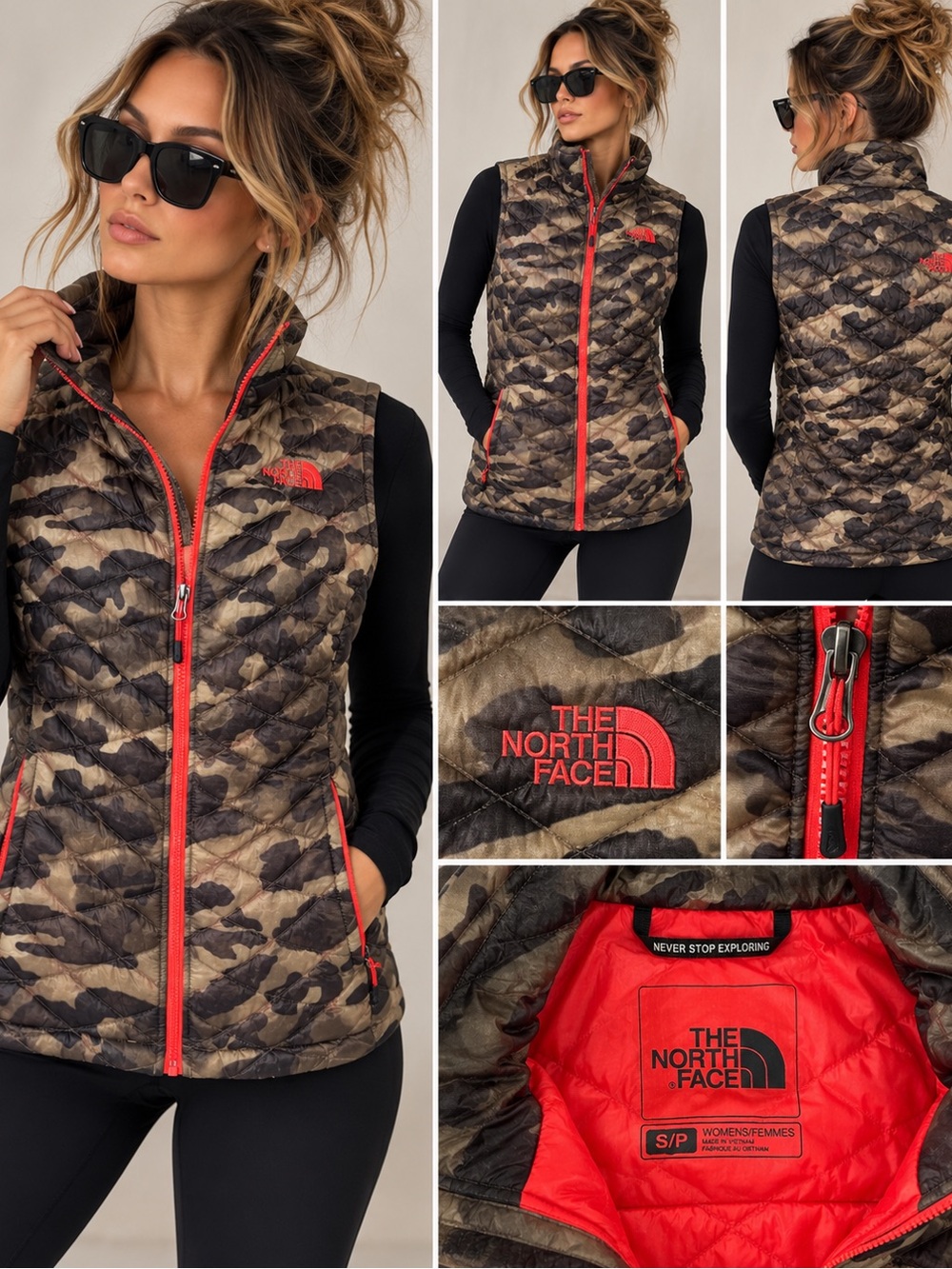 The North Face Women’s Brown & Tan Camo Quilted Vest with Red Trim, S